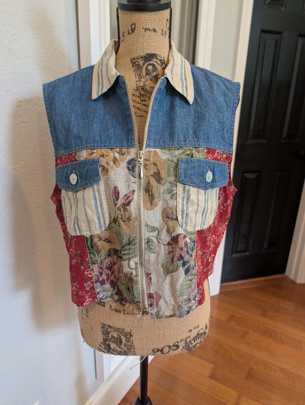Vintage Linen Boho Patchwork Zip Top/Vest